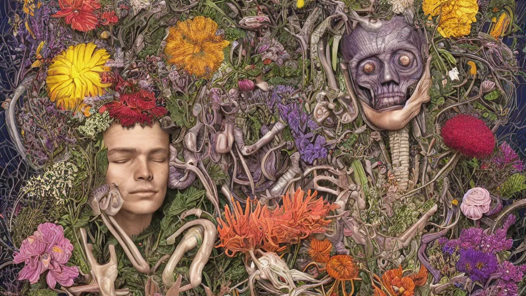 Prompt: highly detailed illustration of a human anatomy head surrounded all the known species of flowers by juan gatti, by moebius!!, by oliver vernon, by joseph moncada, by damon soule, by manabu ikeda, by kyle hotz, by dan mumford, by kilian eng