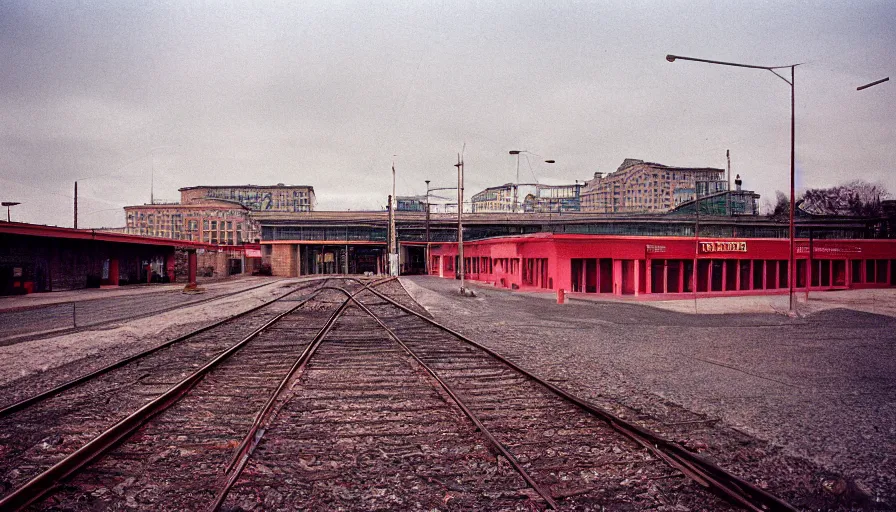 Prompt: 60s movie still of a sovietic stalinist style empty railway station, cinestill 800t 50mm eastmancolor, liminal Space style, heavy grain-s 150