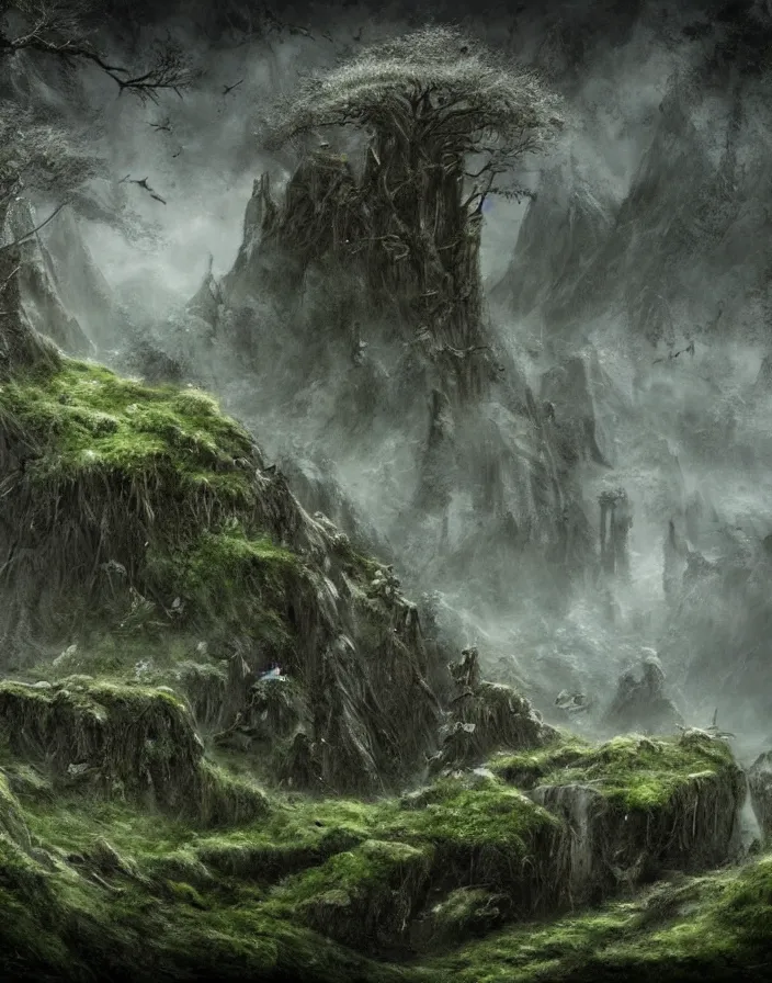 Prompt: atmospheric mossy tundra middle earth fortress, stunning visuals, creative, cinematic, ultra detailed, trending on art station