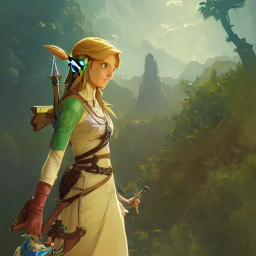 Prompt: Link and Zelda, highly detailed, digital painting, artstation, concept art, sharp focus, illustration, art by greg rutkowski and alphonse mucha