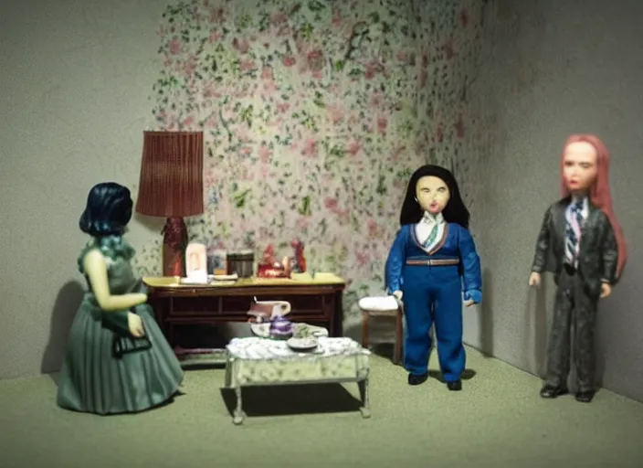 Image similar to Still frame from scene from the retro Twin Peaks made by doll miniatures diorama, directed by Nobuhiko Obayashi