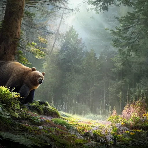 Image similar to a realistic bear, beautiful, proportionate, atmosphere, vibe, forest, lot of trees, fern, flowers, concept art illustration, color page, tone mapping, akihiko yoshida, james jean, andrei riabovitchev, marc simonetti, digital illustration, greg rutowski, volumetric lighting, sunbeams, particles