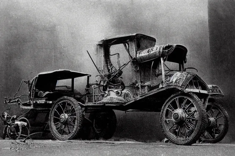 Image similar to cyberpunk 1 9 0 8 model ford t by paul lehr, metropolis, city, vintage film photo, scratched photo, scanned in, old photobook, silent movie, black and white photo