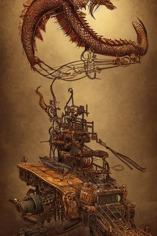 Image similar to illustration, old sick gold and crimsoned scaled asian style dragon on a steam punk plank of machinery with wires and gears and steam punk apparatus, matte painting, style of studio ghibli, featured in artstation and artgerm and pixiv, award winning, cinematic, intricate, 8 k