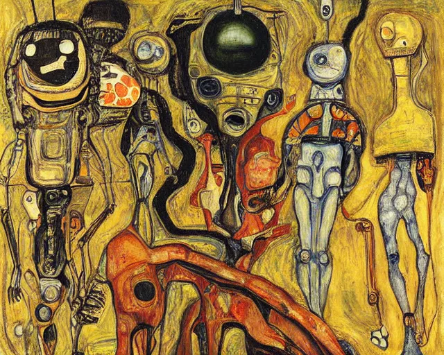 Image similar to a painting of a aliens and robots by graham sutherland, egon schiele, gustav klimt, expressionism