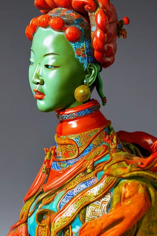 Image similar to an polished texturized sculpture of Curupira in vivid colored chinese porcelain by kris kuksi