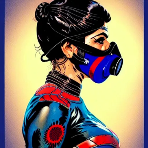 Prompt: a profile photo of a persian woman with a diving mask with side profile blood in ocean intricate details by MARVEL comics and Sandra Chevrier-C