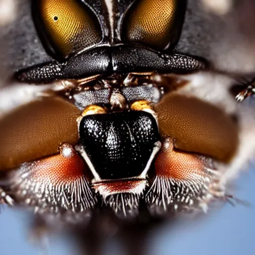 Image similar to a macro photograph of a fly with the head of donald trump