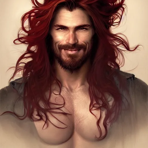 Image similar to portrait of a young ruggedly handsome but joyful pirate, male, muscular, masculine, upper body, red crimson crimson deep red hair, long long flowing hair, fantasy, proud smirk, intricate, elegant, highly detailed, digital painting, artstation, concept art, matte, sharp focus, illustration, art by artgerm and greg rutkowski and alphonse mucha