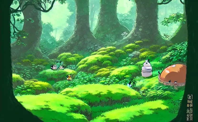 Image similar to lush forest with a cute woodland home, fantasy studio ghibli animated film, fantasy concept art, aesthetic, glob