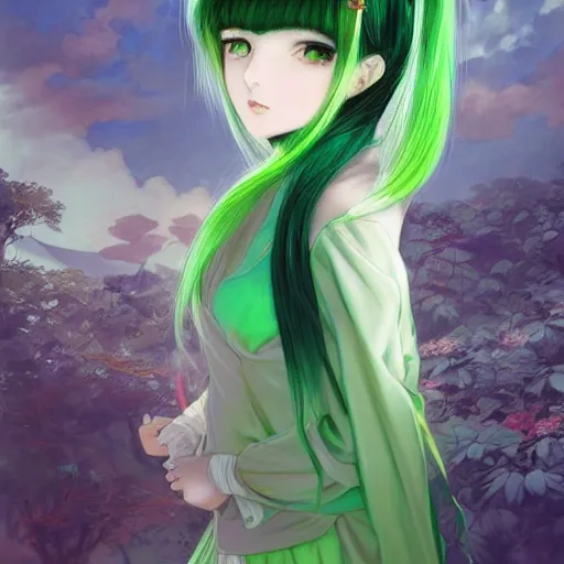 Prompt: adult girl with long light green hair, light green eyes, a small pigtail on the left side, chinese dress, chinese style, anime style, hyper detailed, light green dress, illustration, digital painting, art by artgerm and greg rutkowski and alphonse mucha, high delicate defined details, anime stylized, highly detailed, realistic, sharp focus