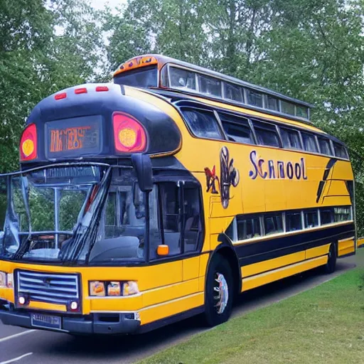 Prompt: a giant spider made out of schoolbus, a school bus in the shape of a spider