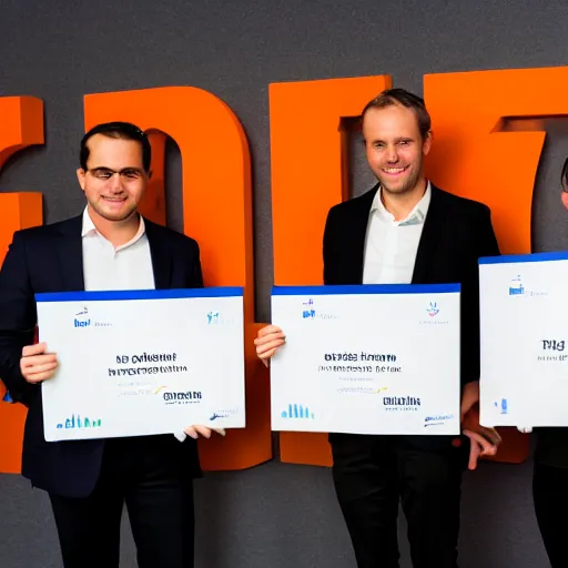 Prompt: a dutch tech company called incentro winning the great place to work award, orange backdrop, extremely detailed faces
