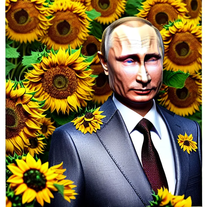 Prompt: photo portrait of Vladimir Putin - sunflowers - dressed in leisure suit with ornamental ethereal sunflower pattern, natural skin tone, highly detailed realistic flowers ornament in the upper side of breast, hair, eyebrows and wrinkles are intricate with highly detailed realistic flowers, elegant, Realistic, Refined, Highly Detailed, natural soft pastel lighting colors scheme, fine art photography by Cecil Beaton, volumetric lighting, hyper realistic photography