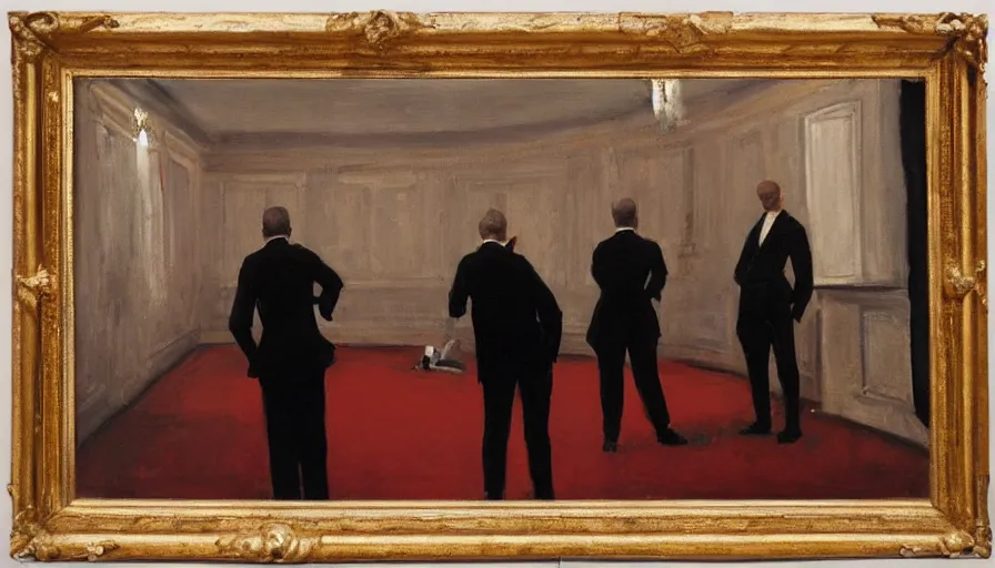 Image similar to painting by borremans, man back standing in front on the mirror in opera theatre scene with red carpet, detailed, stunning