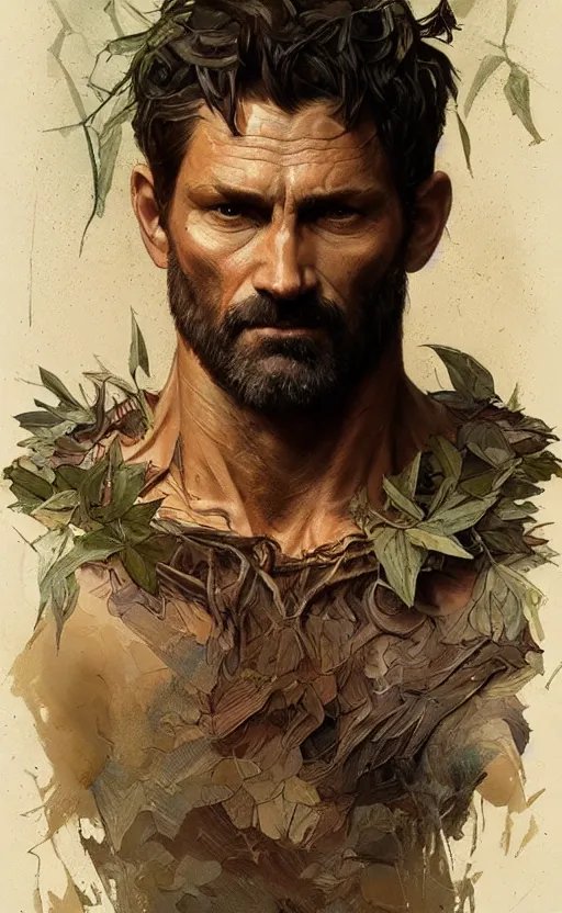 Prompt: portrait of the god of the forest, 40 years old, rugged, male, gorgeous, detailed face, amazing, thighs!!!!!!, muscular, intricate, highly detailed, digital painting, artstation, concept art, sharp focus, illustration, art by greg rutkowski and alphonse mucha