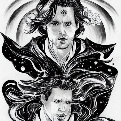 Image similar to black and white pen and ink!!!!!!! Johnny Depp x Ryan Gosling wearing cosmic space robes made of stars final form flowing royal hair golden!!!! Vagabond!!!!!!!! floating magic swordsman!!!! glides through a beautiful!!!!!!! Camellia flower battlefield dramatic esoteric!!!!!! Long hair flowing dancing illustrated in high detail!!!!!!!! by Moebius and Hiroya Oku!!!!!!!!! graphic novel published on 2049 award winning!!!! full body portrait!!!!! action exposition manga panel black and white Shonen Jump issue by David Lynch eraserhead and beautiful line art Hirohiko Araki!! Rossetti, Millais, Mucha, Jojo's Bizzare Adventure