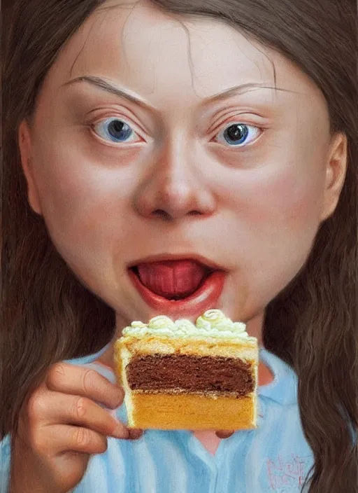 Image similar to greta thunberg eating cakes painted by nicoletta ceccoli, detailed digital art, trending on Artstation