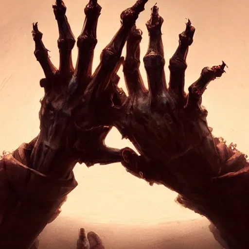 Prompt: The hands of god and the hands of death reaching together, vertical symmetry, detailed hands, detailed skeleton hands, beautiful moody artwork by Greg Rutkowski and Asher Duran