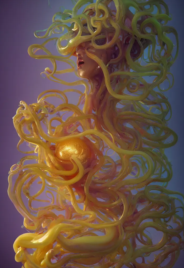 Image similar to subsurface scattering, medusa made of soft wax, cgsociety, translucent, organic squid and ceramic art nouveau swirls, golden orbs, colored smoke, in the style of alberto seveso and ruan jia and beeple and giger, mystical colors, back light, rim light, dramatic lighting, 8 k, stunning scene, raytracing, octane render