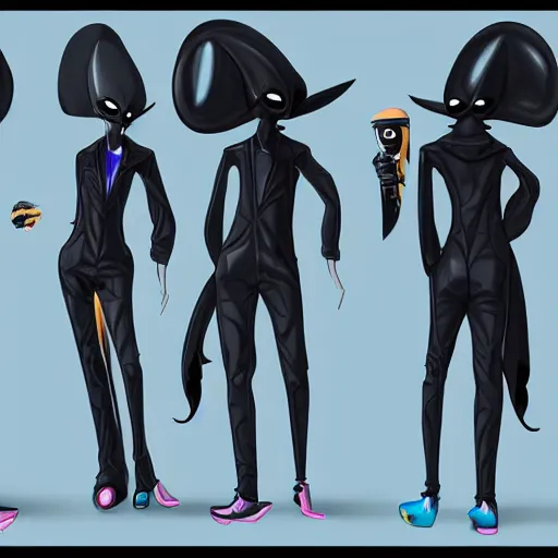 Image similar to character design sheets for a fashionable nonbinary androgynous gothic manta ray humanoid person with manta ray arms who sells empty spray paint cans as a scam and is always covered in paint and acting shady, designed by splatoon nintendo, inspired by tim shafer psychonauts 2 by double fine, cgi, professional design, gaming