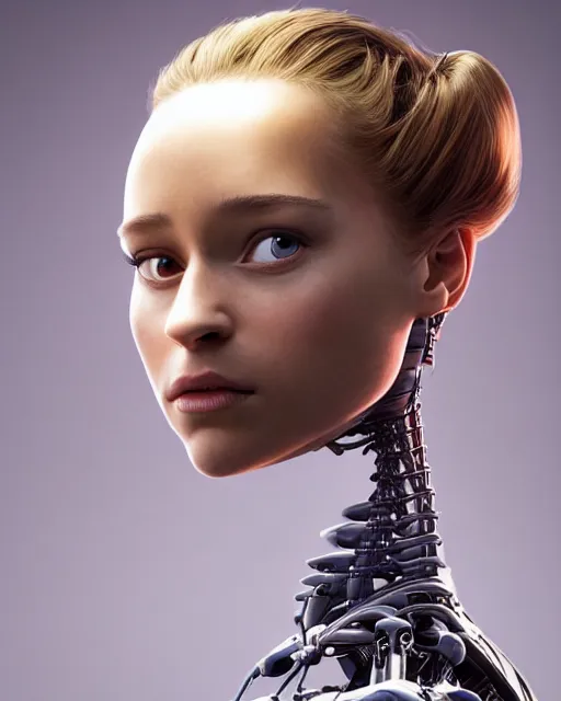 Image similar to weta disney pixar movie still head and torso portrait photo of young alicia vikander lying on her back on a mechanical table with a white ponytail as thoughtful intricate detailed mechanical plastic cyborg girl by pixar, by weta, wlop, ilya kuvshinov, rossdraws, artgerm, latex, iridescent, bright morning, anime, liosh, mucha