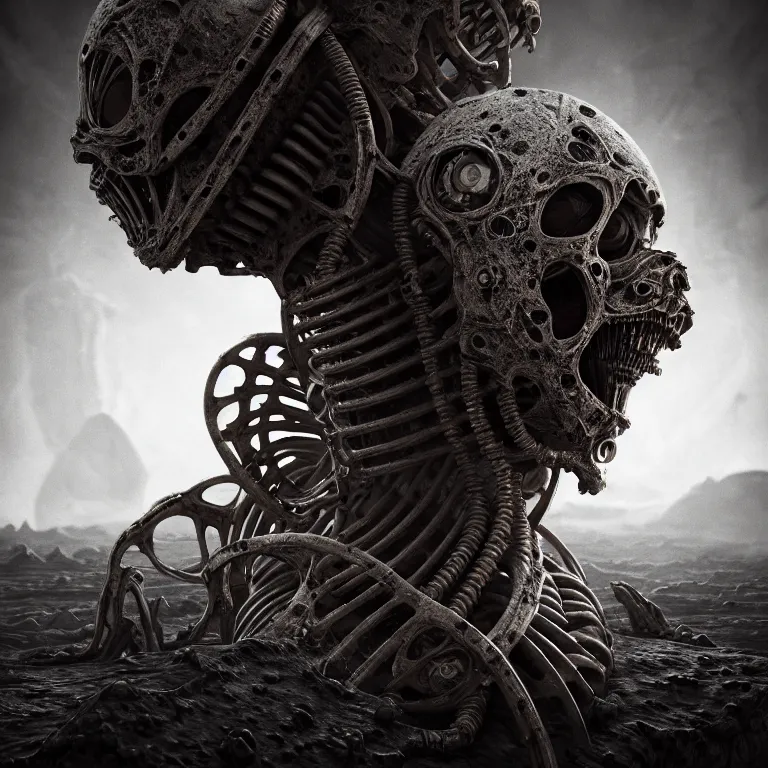 Image similar to portrait of ribbed abandoned biomechanical man with a spaceship on exoplanet in a desolate empty wasteland, creepy, nightmare, dream-like heavy atmosphere, surreal abandoned buildings, baroque painting, beautiful detailed intricate insanely detailed octane render trending on Artstation, 8K artistic photography, photorealistic, chiaroscuro, cinematic volumetric light, Raphael, Caravaggio, Beksinski, Giger