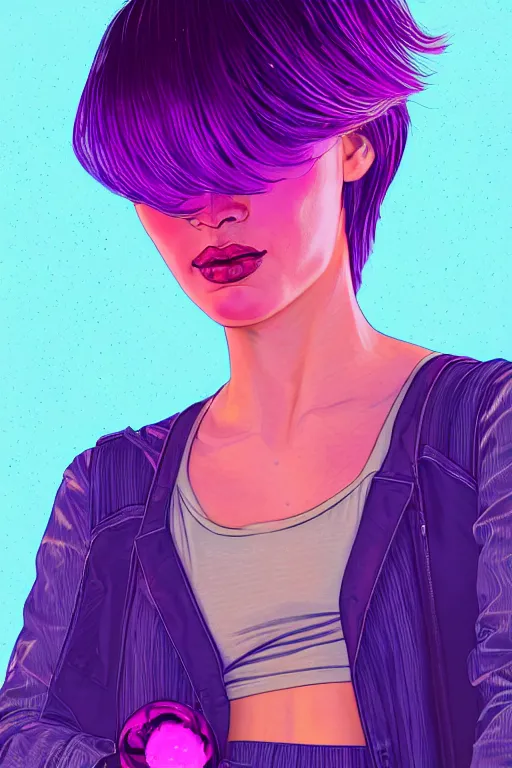 Image similar to a award winning half body portrait of a beautiful woman in a croptop and cargo pants with ombre purple pink teal hairstyle and hands in pockets by ari liloan, surrounded by whirling illuminated lines, outrun, vaporware, shaded flat illustration, digital art, trending on artstation, highly detailed, fine detail, intricate