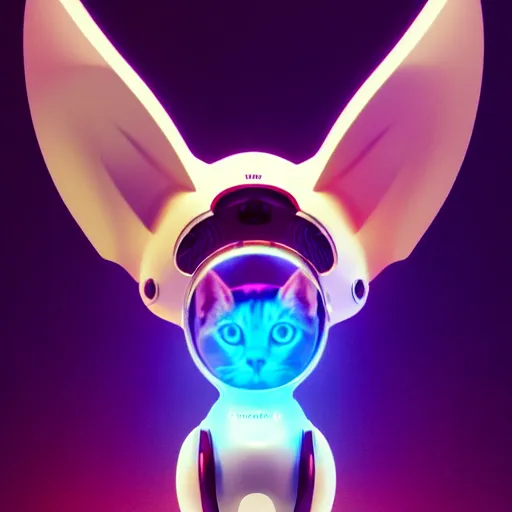 Image similar to product photo of a futuristic stylized pet robot, kitten puppy bunny mix, kindchenschema, large ears, large tail, by artgerm and greg rutkowski and marc newson, alphonse mucha, zaha hadid, side view, volumetric light, detailed, octane render, midsommar - t