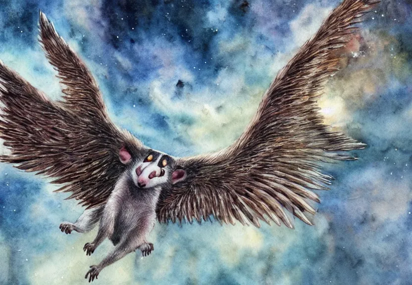 Image similar to epic winged possum flying over a medieval castle under a dark starred sky, dark fantasy, watercolor, dreaming illusion, highly detailed, 4k, trending on Artstation, award-winning