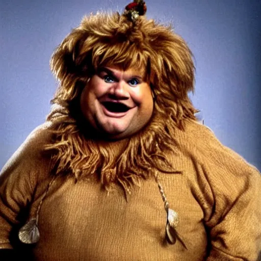 Prompt: chris farley as the cowardly lion from wizard of oz