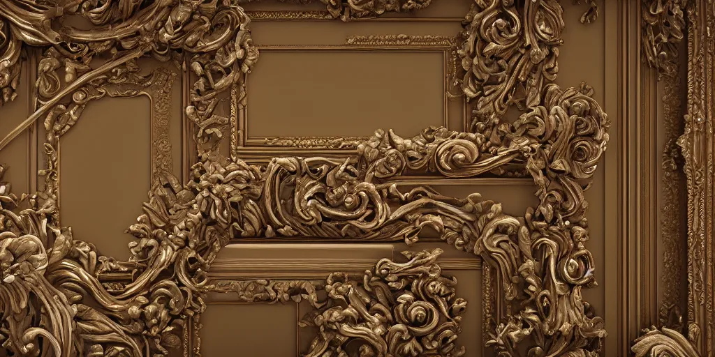 Image similar to 3 d octane render ultra photorealistic hyper detailed top view of a baroque picture frame