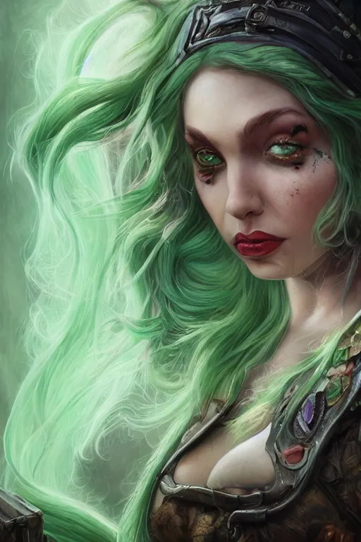 Image similar to closeup portrait shot of green hair tattooed pinup hannah murray, rogue bard, dnd, highly detailed, digital painting, artstation, concept art, soft focus, depth of field, artgerm, tomasz alen kopera, peter mohrbacher, donato giancola, wlop, boris vallejo