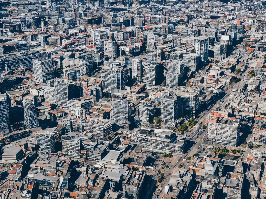 Prompt: drone view of a city with a large road down the centre, Brutalist architecture,sharp focus,telephoto lens 4k