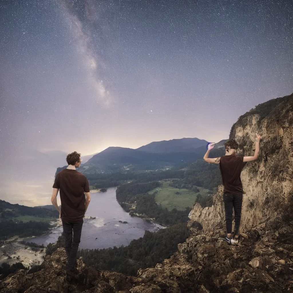 Prompt: twenty year old man with brown hair, with his hands in his pockets, looking over a cliff at a beautiful landscape of rivers and mountains as a meteor shower happens overhead