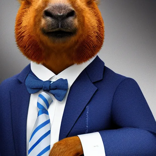 Image similar to a high quality photo of an antropomorphic capybara wearing a suit, 8k, digital art