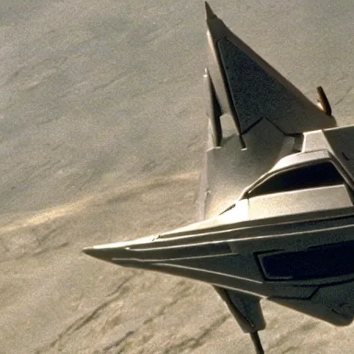 Image similar to A still of Harrison Ford in the new Battlestar Galactica (2003), piloting a colonial viper spacecraft, front-view