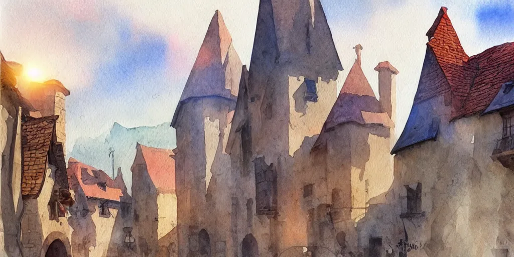 Image similar to medieval town, summer morning light, high quality watercolor painting, trending on artstation