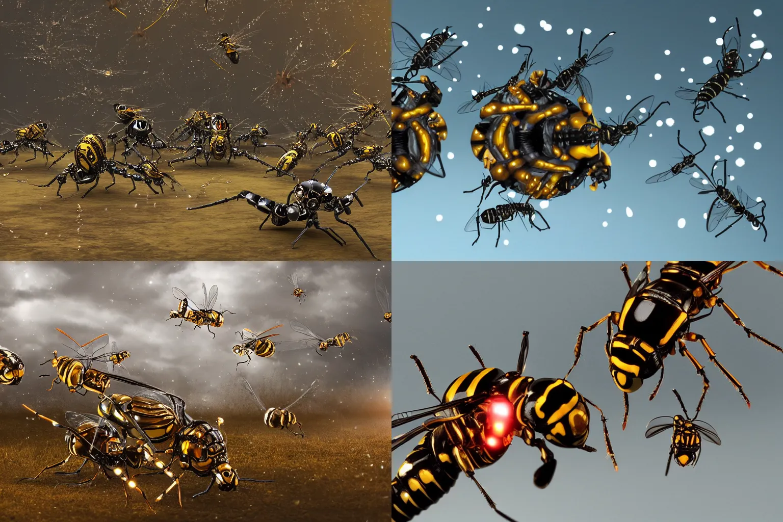 Prompt: robotic mechanical wasps with stingers in battle, 8 k, reflective