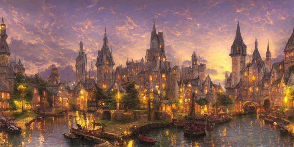 Prompt: beautiful medieval city by thomas kinkade, trending on deviantart