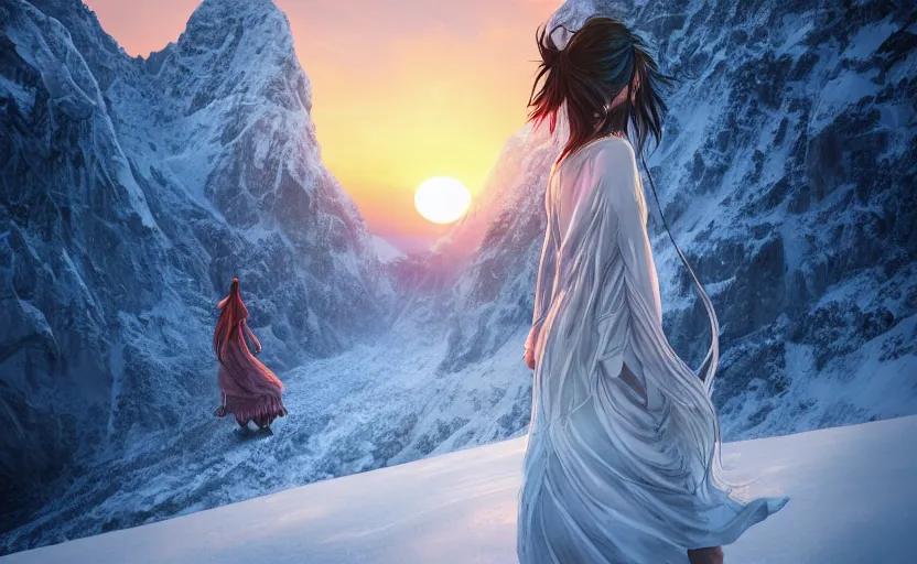 Prompt: Himalayan woman walking barefoot in the snow, hair tied and braided loosely, beautiful flowing fabric, sunset, dramatic angle, cold, lost, hopeless, dynamic pose, 8k hdr pixiv dslr photo by Makoto Shinkai ilya kuvshinov and Wojtek Fus