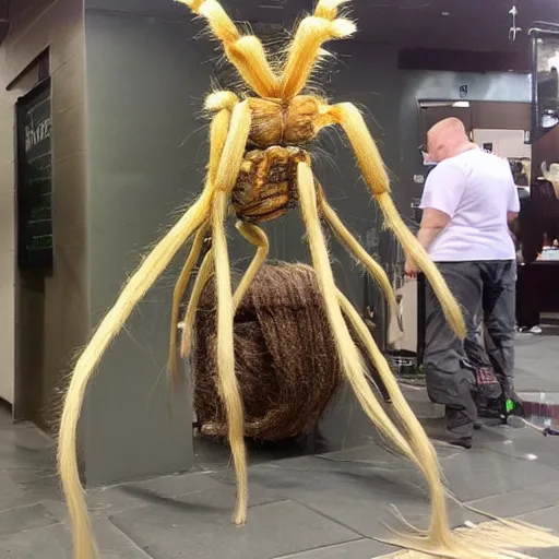 Image similar to a giant spider with tall skinny legs covered in a mop of uniform blonde hair