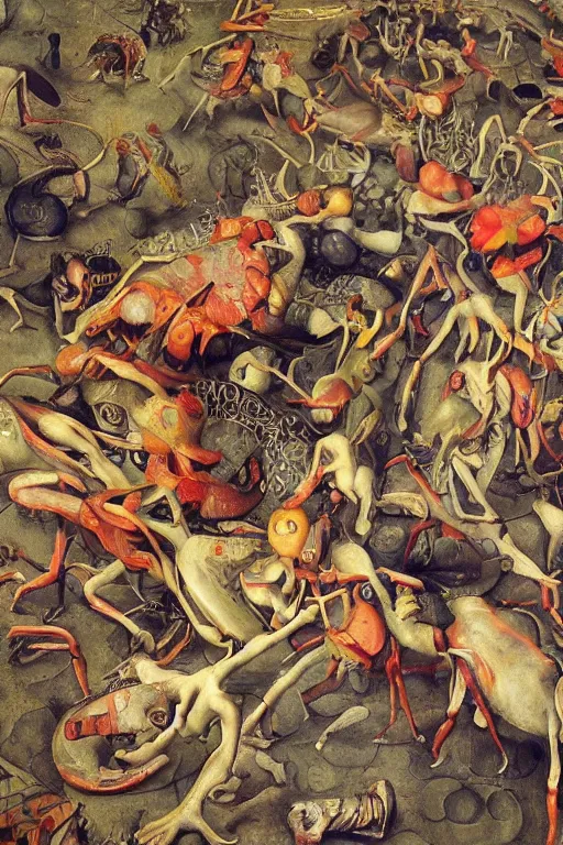 Image similar to hyperrealistic abstract close - up renaissance psychedelic!! on the canvas of pieter brueghel cybernetic spiders!!! the figures of women are crawling along the slug!!! octane render, hd