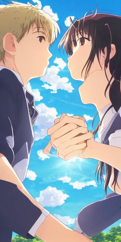 Image similar to a man and a woman holding hands under a beautiful sun drawn like the anime Your Name anime, intricate