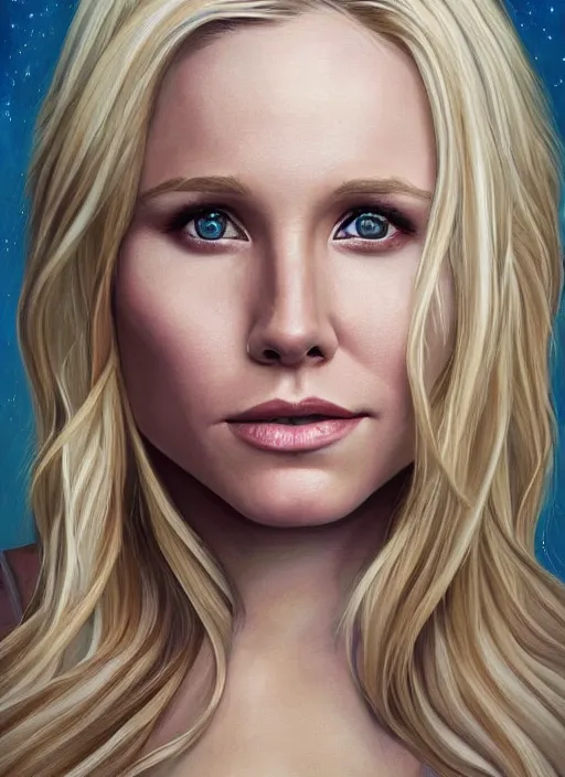 Image similar to a painting of kristen bell with long blonde hair, a photorealistic painting by magali villeneuve, featured on cgsociety, fantasy art, detailed painting, photorealistic