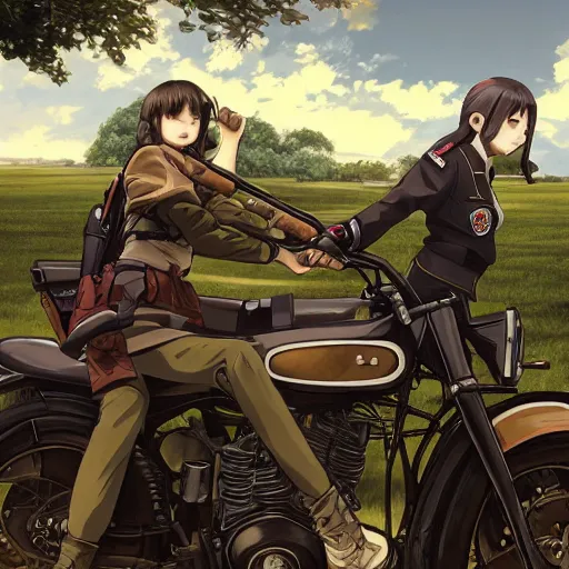 Image similar to anime style, panoramic view, a girl riding a motorbike, symmetrical facial features, vintage, soldier clothing, battlefield in background, hair down, real faces, from arknights, hyper realistic, 4 k, extreme detail, trending artstation, safebooru, realistic lighting, by alphonse mucha, greg rutkowski, sharp focus