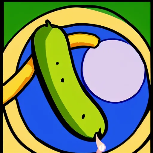 Image similar to Cartoon art of a hungry banana eating a pickle on Saturn, digital art, detailed,