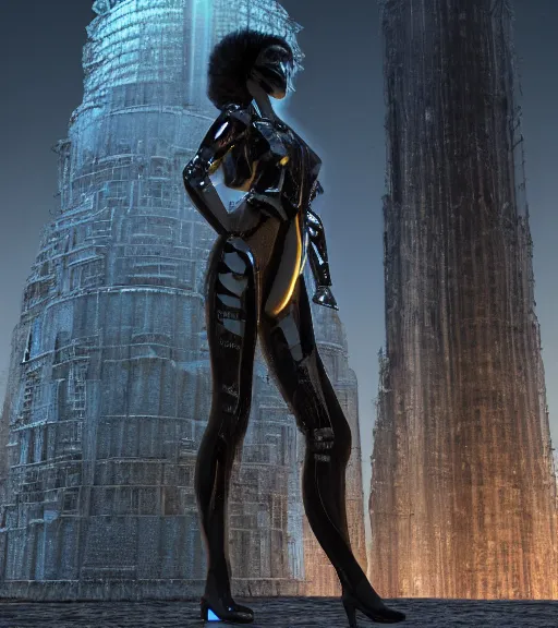 Prompt: tarkovsky greatest scene, the ancient destroyed majestic tower of babylon, a woman in futuristic cyber clothing, transparent puffer jacket, hyper realistic, blockchain, virtual world, ambient lighting, concept art, intricate, hyper - detailed, smooth, dynamic volumetric lighting, corona render, ray trace, cinematic, high quality, high resolution, 4 k, cgsociety