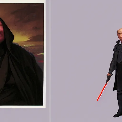 Prompt: sith lord putin, by ivan aivazovsky and syd mead and moebius and gaston bussiere and roger dean and pieter claesz and paul delaroche and alma tadema and gerard ter borch, hyperrealistic, volumetric light, octane render