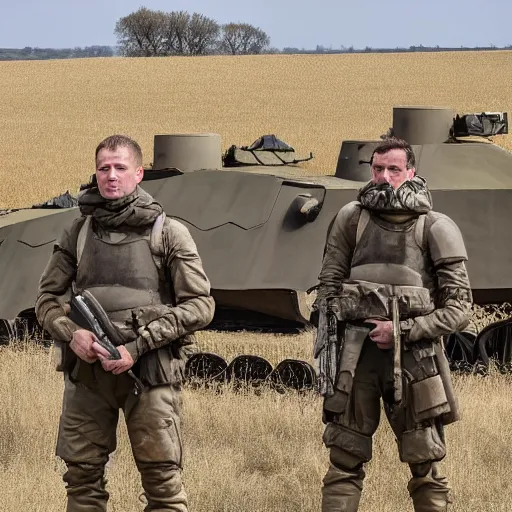 Image similar to British mercenaries wearing grey body armor hiding from a Russian tank, photo by Adam Ferguson, Pulitzer Winning, cinematic composition, breathtaking, modern, 2022